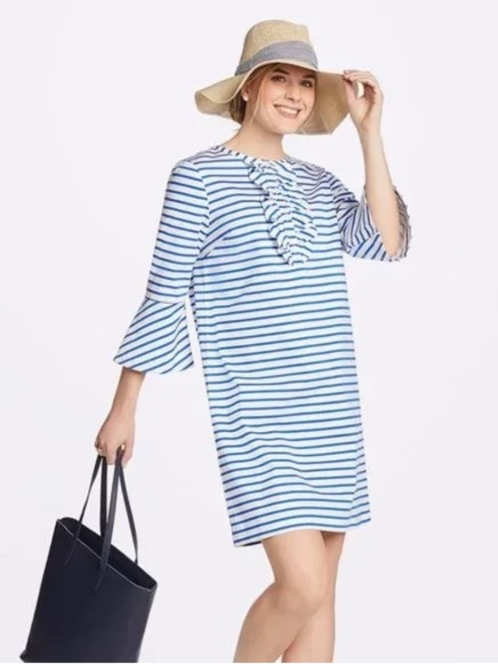 Draper James Blue White Striped Ruffle Front Dress Sz12 Bell Sleeve Nautical